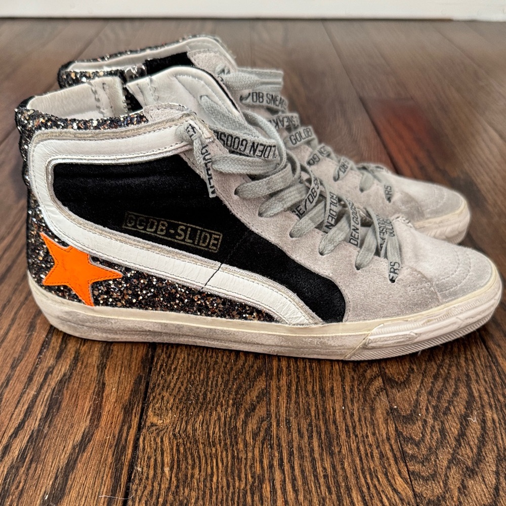 Golden Goose Black and Gray High-Tops with Orange Star